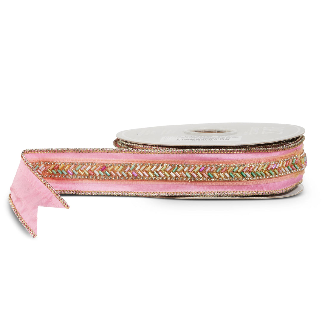 Pink wired ribbon featuring a multicolor beaded chevron center with sparkling rhinestone accents and metallic gold trim, perfect for Christmas trees, wreaths, bows, and festive decorating.