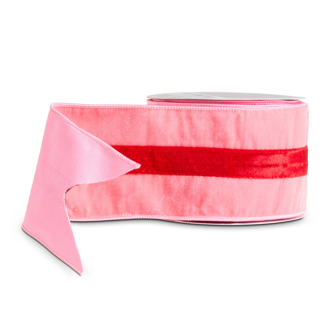 Soft pink velvet wired ribbon featuring a bold red velvet center stripe and pink wired edges, perfect for Christmas trees, wreaths, bows, garlands, and holiday decorating.