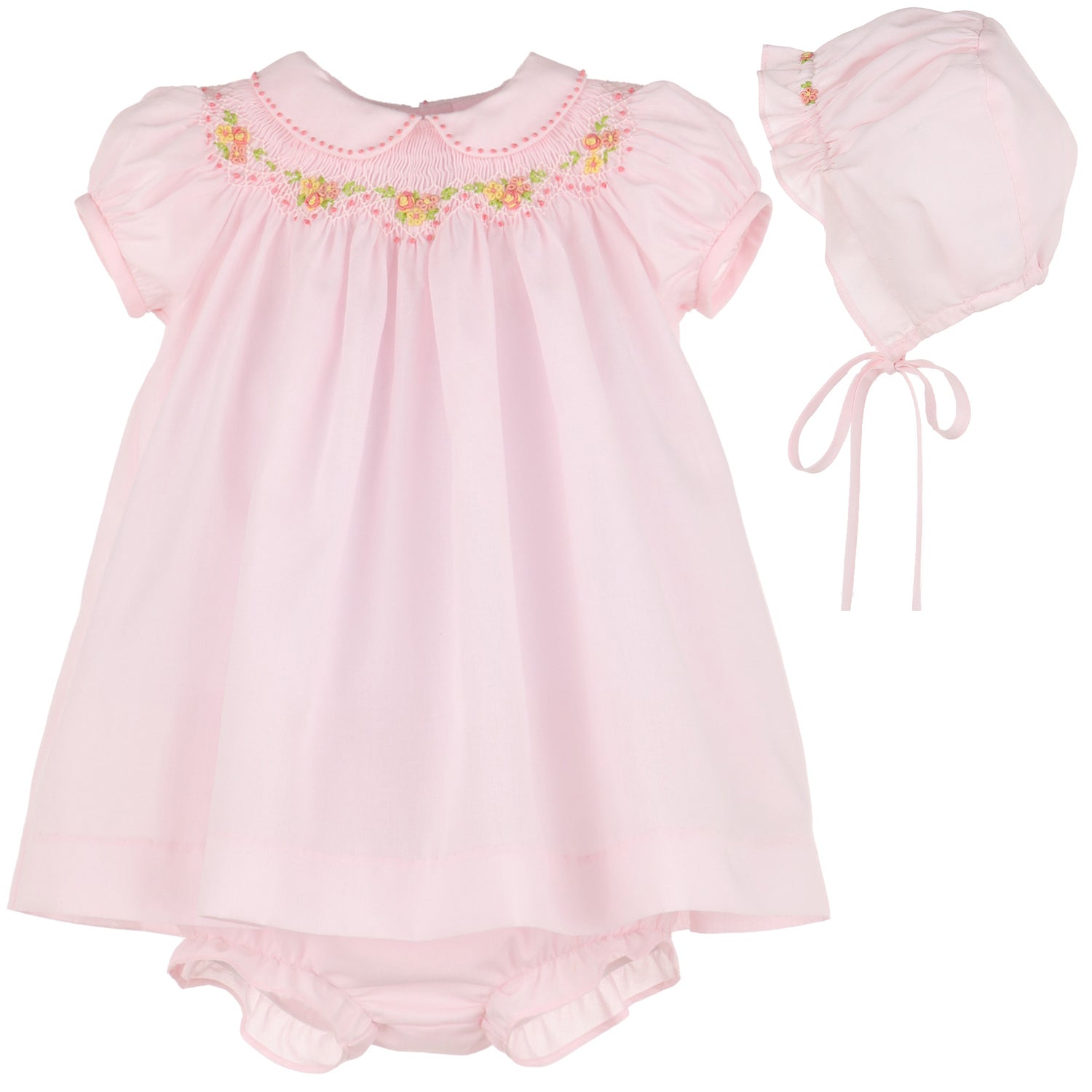 Pink Heirloom Smocked Bishop Dress & Bonnet Set