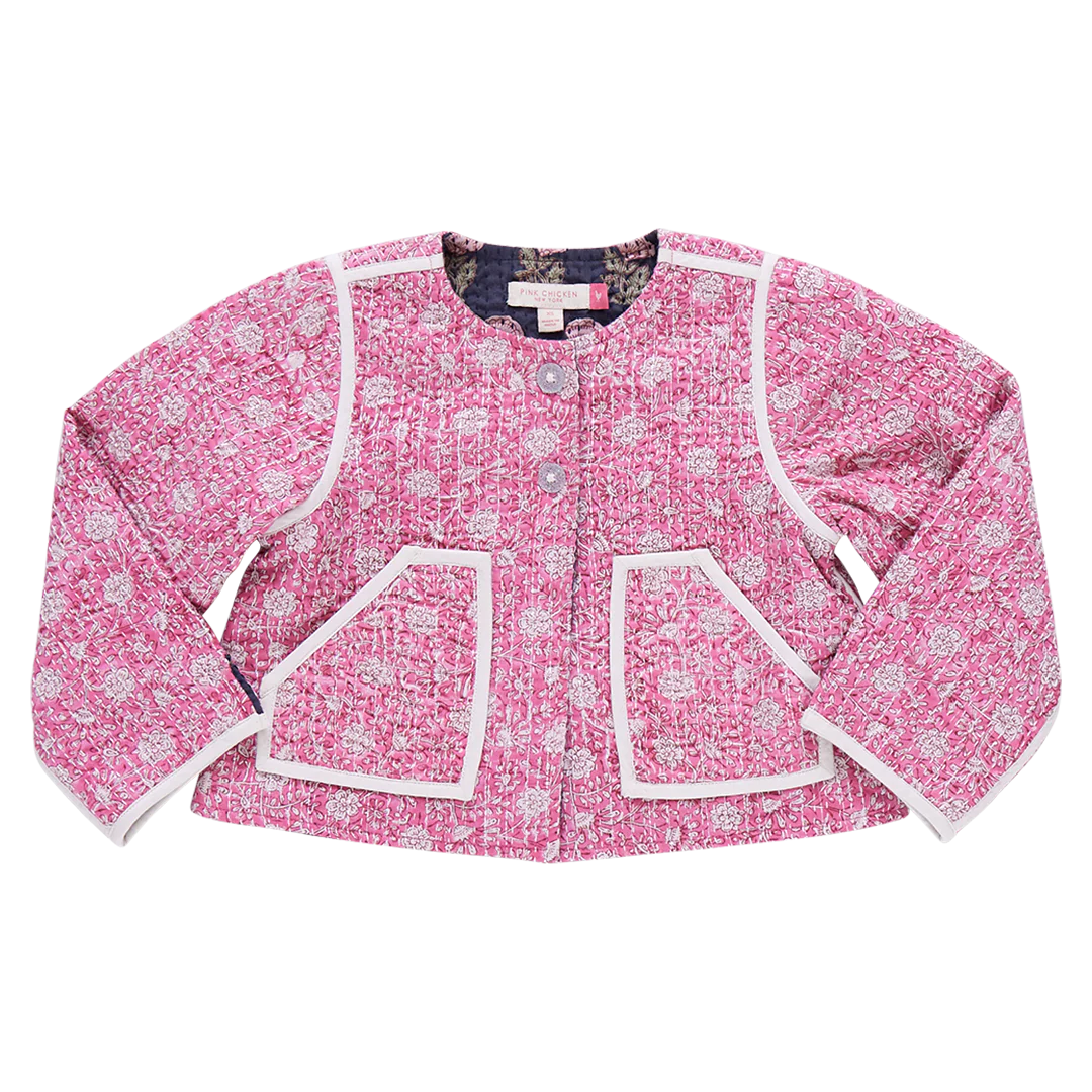 Girls Reversible Quilted Jacket - Hot Pink Garden Floral