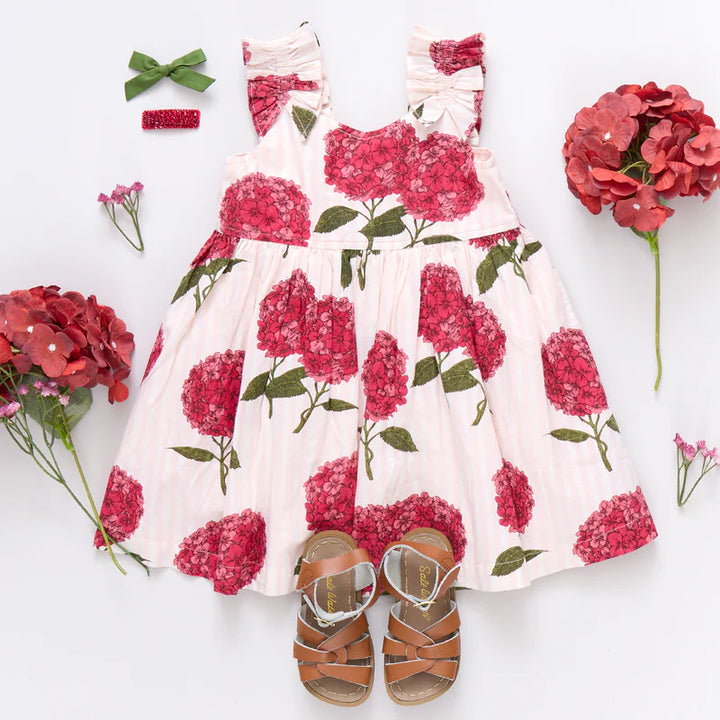 Girls Via Dress - Pink Stripe Hydrangeas