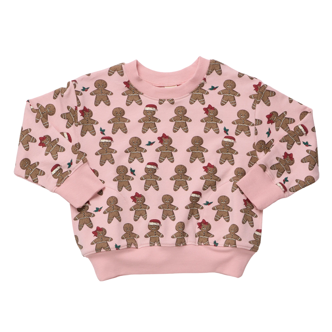 Play Sweatshirt Gingerbread Cookie in pink with festive gingerbread men, Santa hats, and red bows