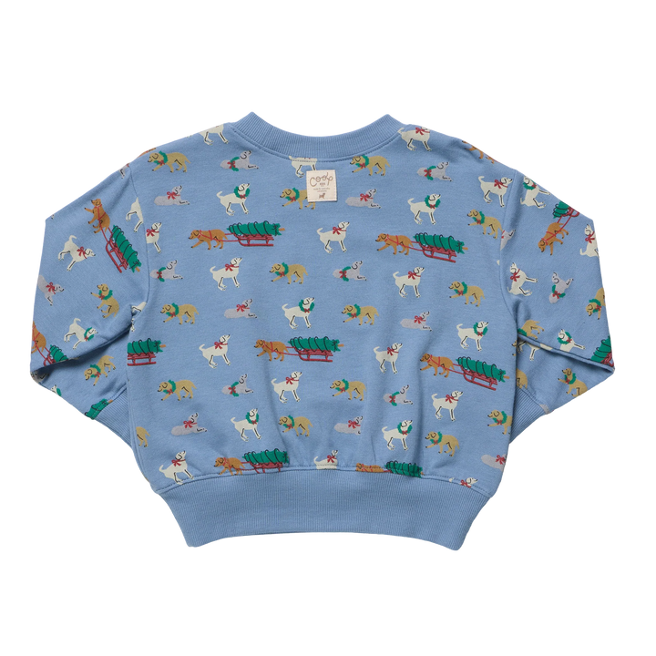 Back view of blue Holiday Labs Play Sweatshirt for kids featuring an allover Christmas Labrador retriever print with ribbed cuffs and hem.