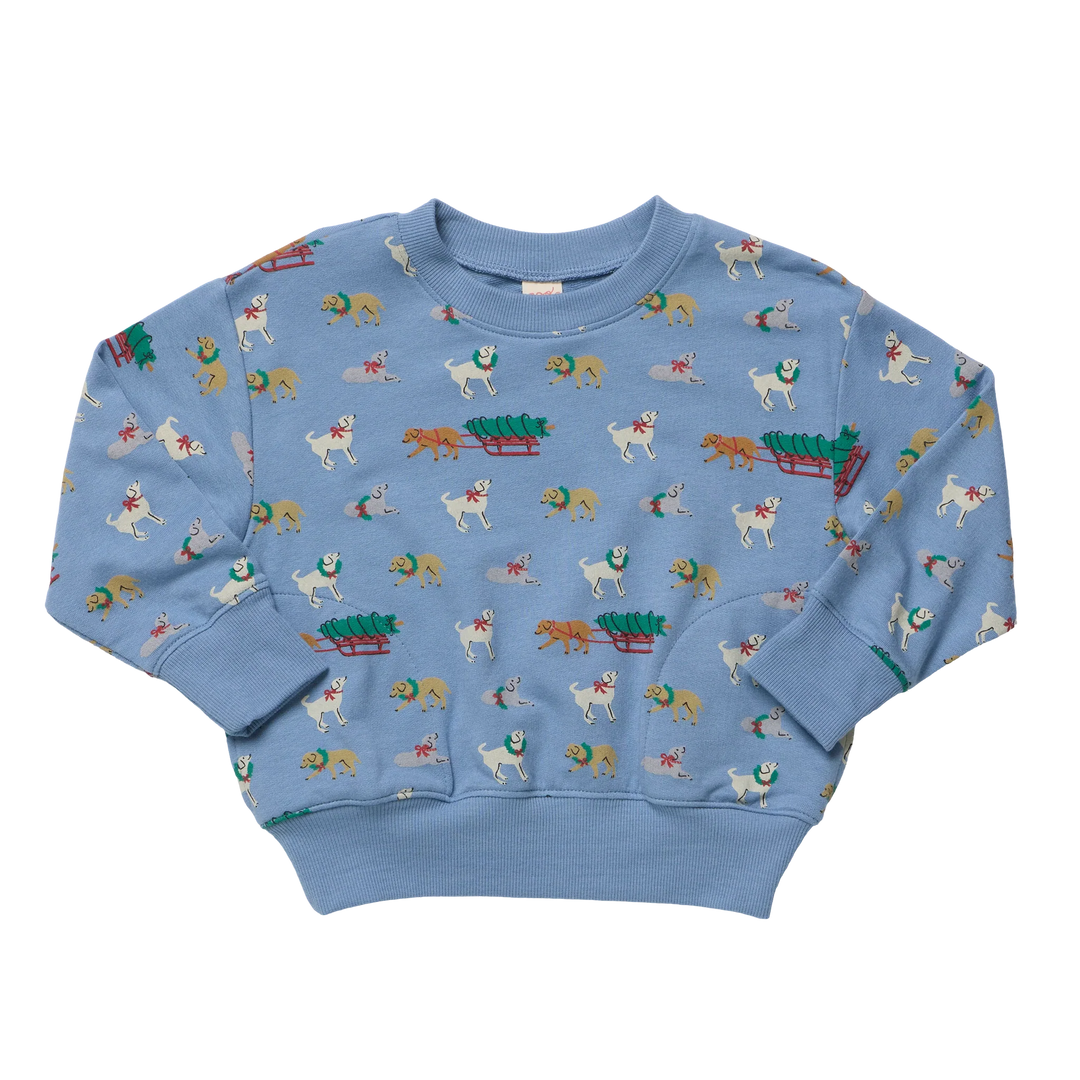 Kids Play Sweatshirt in blue featuring an allover Holiday Labs Christmas print with festive Labrador retrievers, wreaths, and Christmas tree sleds.