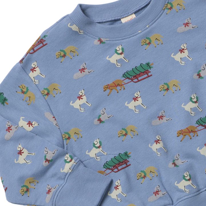 Close-up of blue Holiday Labs Play Sweatshirt showing festive Labrador retrievers, Christmas wreaths, tree sleds, and ribbed neckline and cuffs.