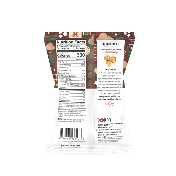 Back of Poppy Gingerbread Popcorn bag with ingredients and product information