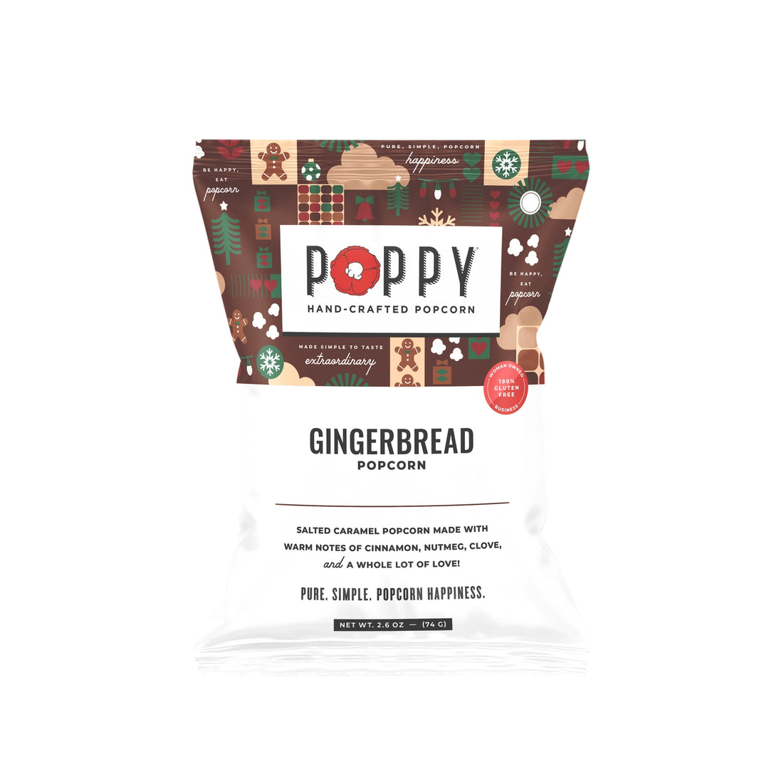 Poppy Gingerbread Hand-Crafted Popcorn in festive holiday packaging