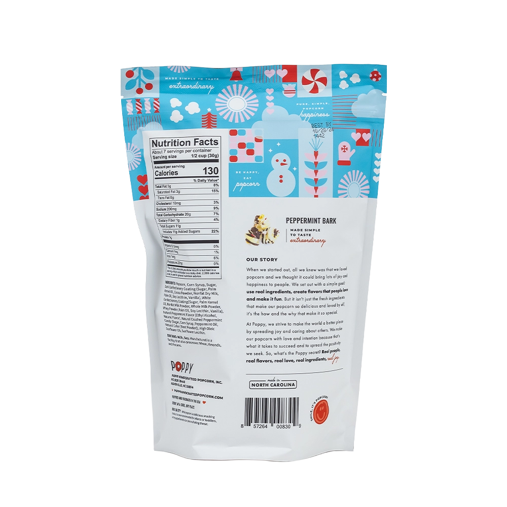 Back of Poppy Peppermint Bark Popcorn bag showing ingredients and product information