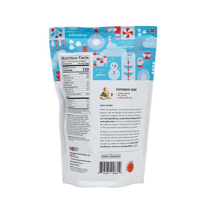 Back of Poppy Peppermint Bark Popcorn bag showing ingredients and product information