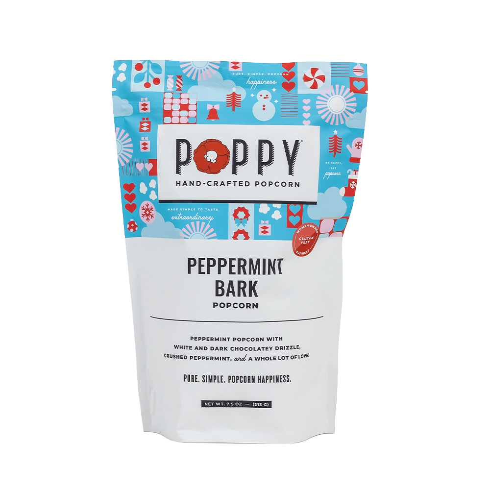 Poppy Peppermint Bark Hand-Crafted Popcorn in festive blue holiday packaging