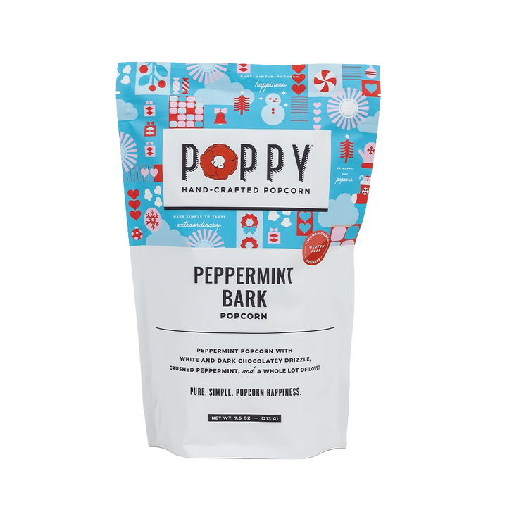 Poppy Peppermint Bark Hand-Crafted Popcorn in festive blue holiday packaging