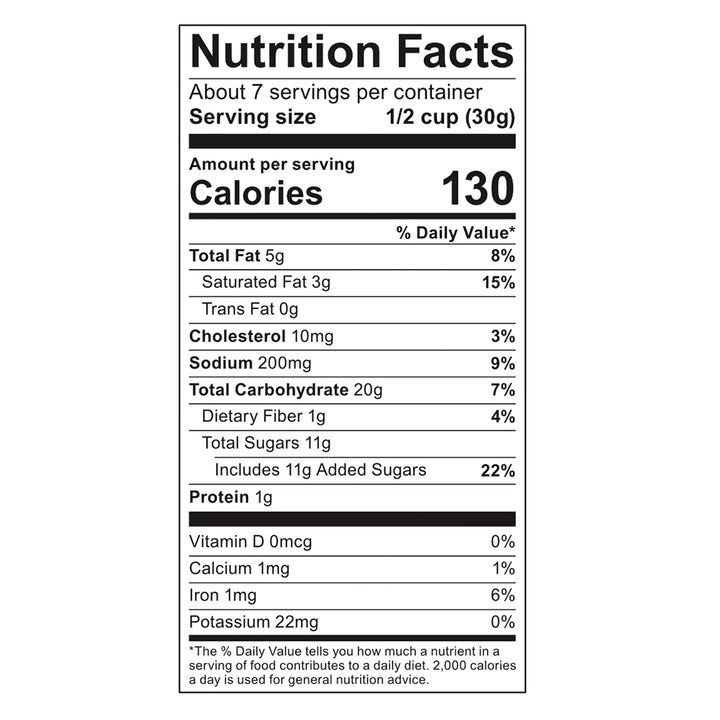 Nutrition facts for Poppy Peppermint Bark Popcorn showing 130 calories per serving