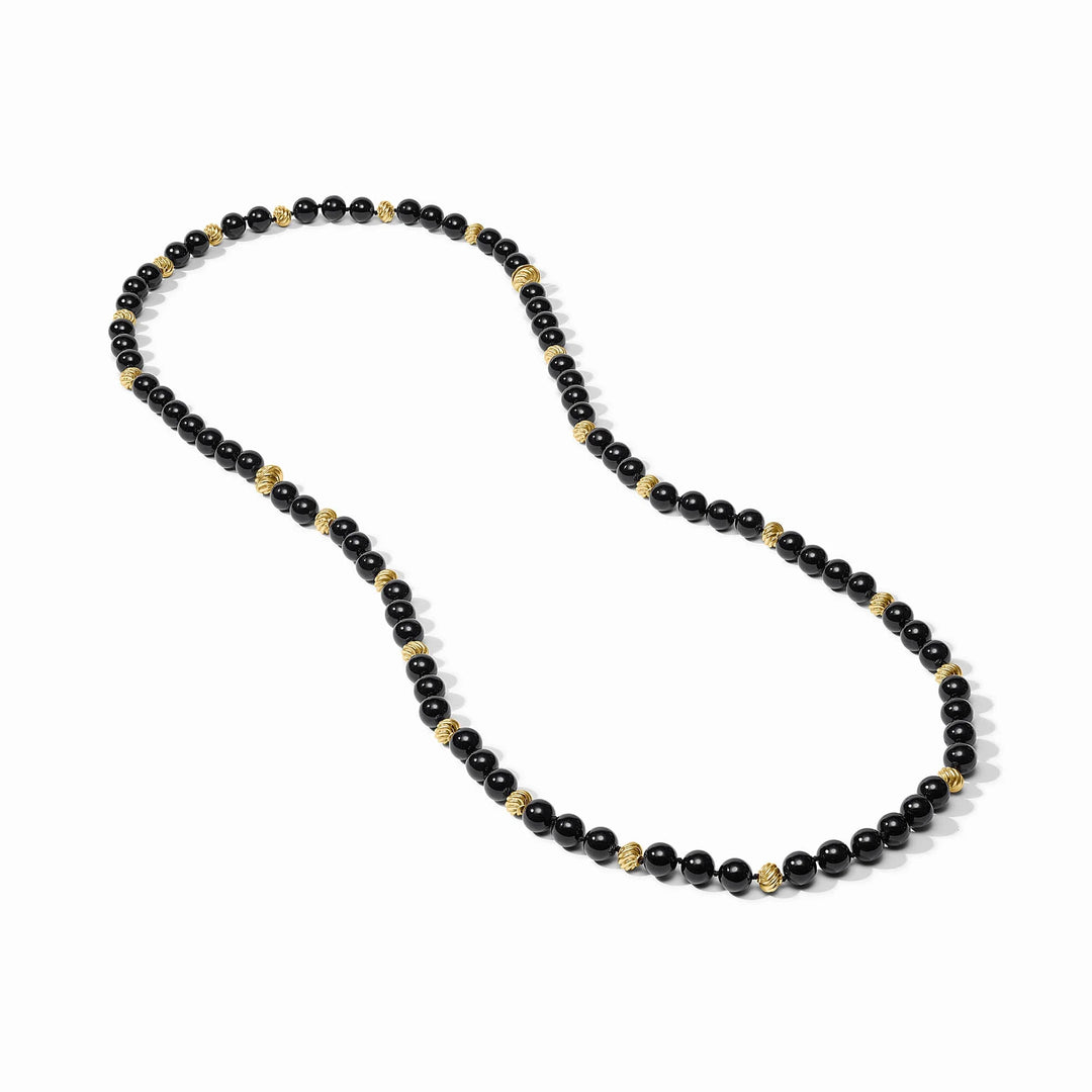 Full view of Ravello 5-in-1 Necklace in obsidian black with round cabochons and gold accents