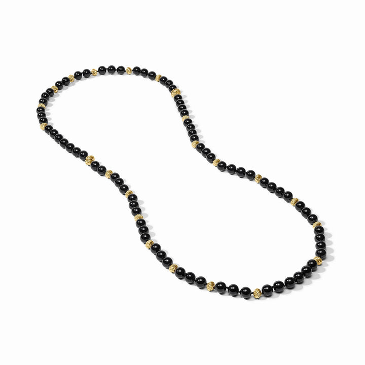 Full view of Ravello 5-in-1 Necklace in obsidian black with round cabochons and gold accents