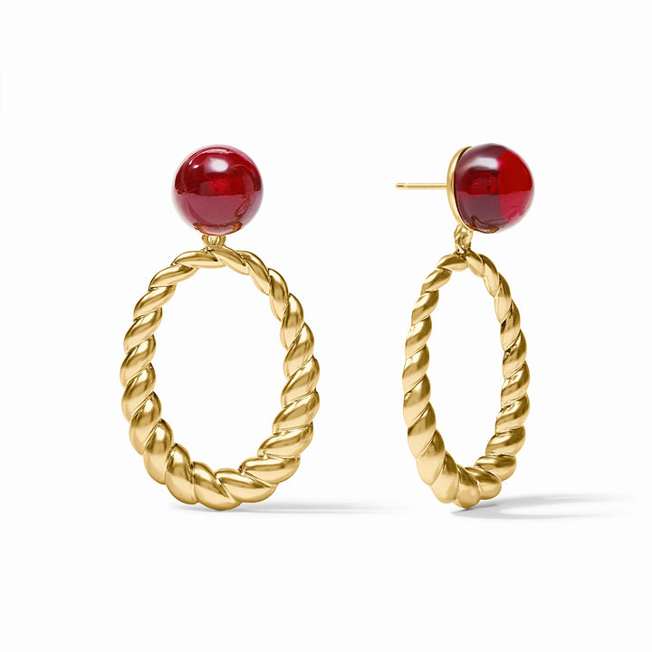 Ravello Statement Earrings with cranberry red cabochon studs and gold twisted rope drops