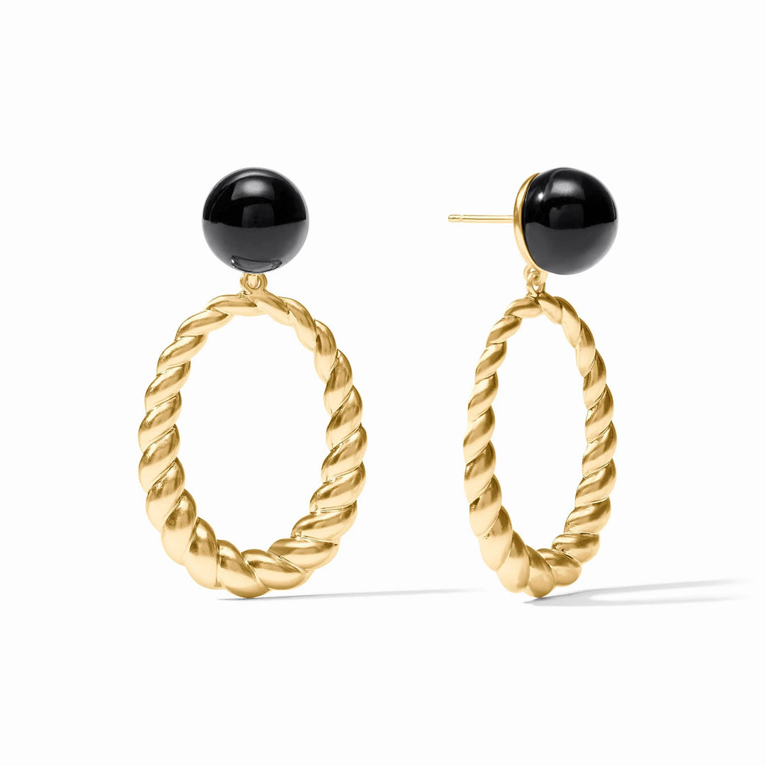 Ravello Statement Earrings with black cabochon studs and gold twisted rope drops