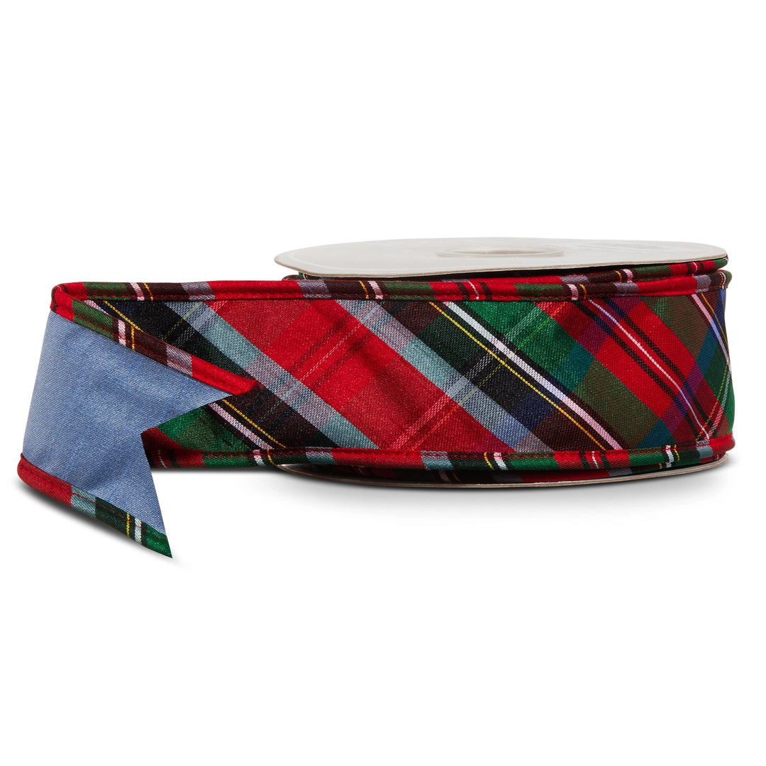 2.5-inch red and green tartan plaid wired Christmas ribbon, 10-yard roll, ideal for wreaths, bows, Christmas trees, and holiday decorating.