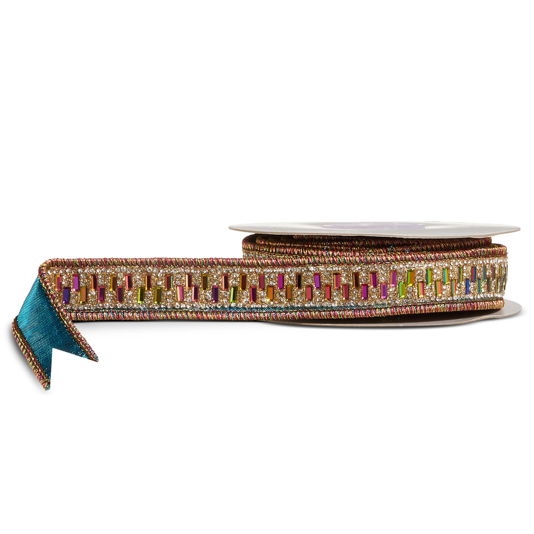 Blue metallic jeweled wired ribbon featuring a shimmering metallic finish and sparkling jeweled accents, perfect for mardi gras, parties, floral arrangements, and decorative bows.