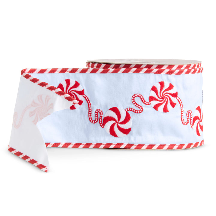Blue peppermint Christmas wired ribbon, 4-inch x 10-yard roll for holiday wreaths, trees, bows, and décor.