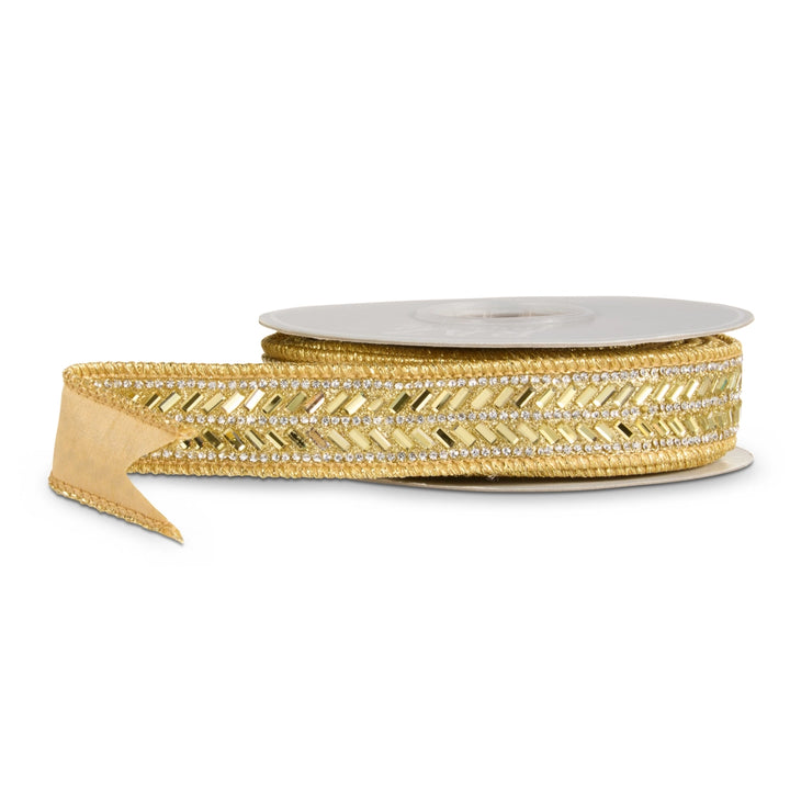 Gold jeweled wired Christmas ribbon featuring sparkling jewel embellishments and a shimmering metallic finish, perfect for decorating Christmas trees, wreaths, garlands, holiday arrangements, and creating elegant festive bows.
