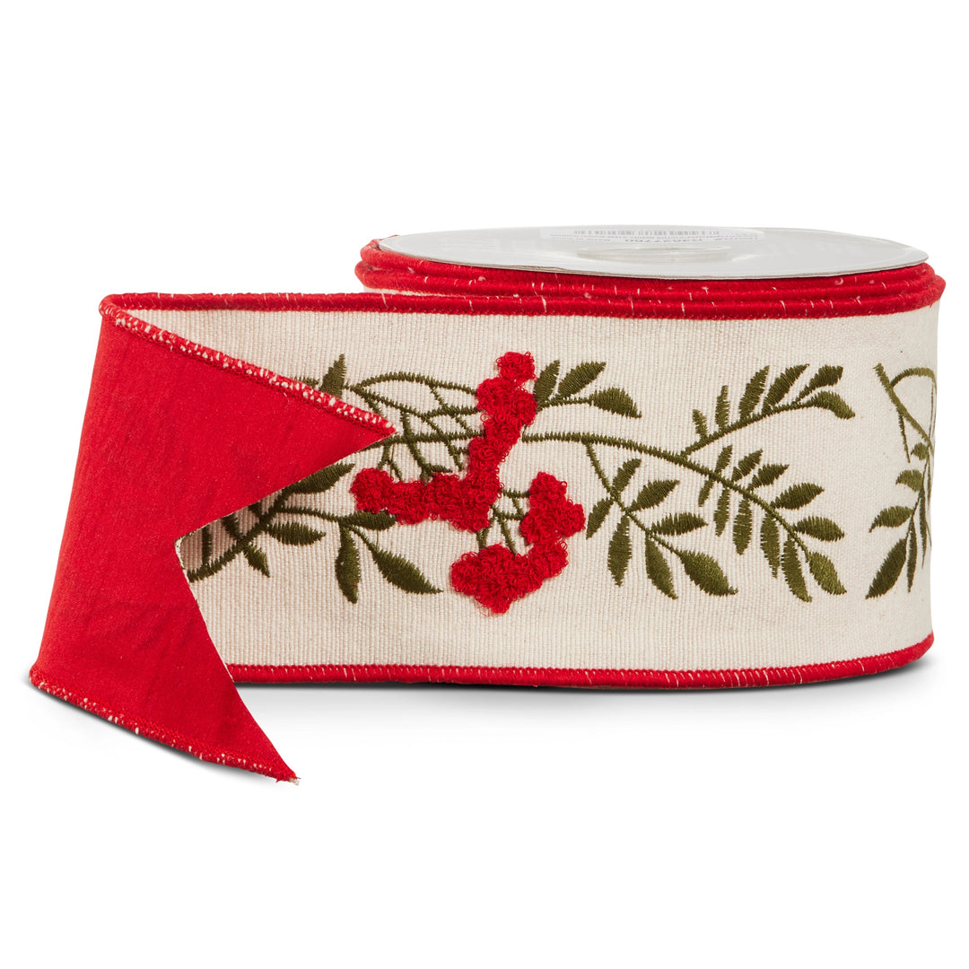 Berry stem wired ribbon featuring a rich berry-colored design with decorative stems, perfect for Christmas trees, holiday wreaths, garlands, bows, gift wrapping, floral arrangements, and festive seasonal décor.