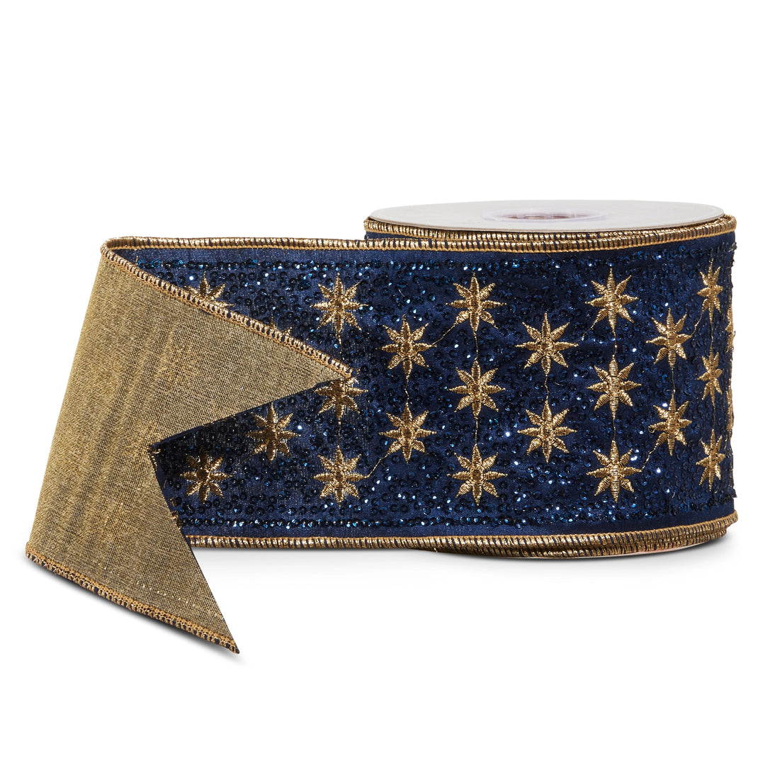 Blue and gold celestial sequin wired ribbon with sparkling stars, moons, and celestial accents, perfect for Christmas trees, holiday wreaths, garlands, decorative bows, gift wrapping, and elegant holiday home décor.