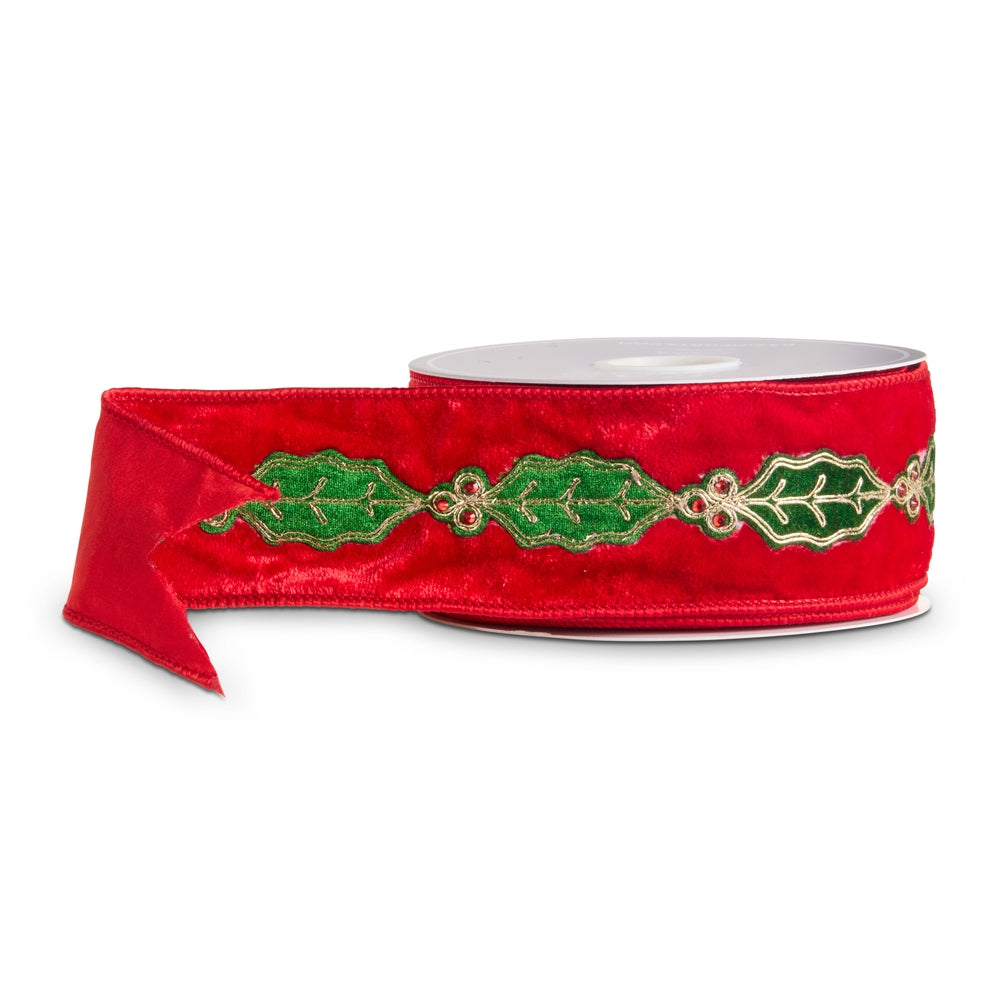 Traditional red velvet holly wired Christmas ribbon for wreaths, trees, bows, and holiday decorating