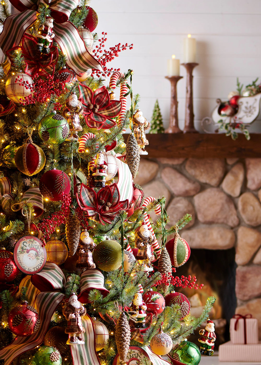Green Christmas ribbon with a delicate gold edge woven throughout a decorated Christmas tree, adding elegant green and gold accents to the holiday tree.
