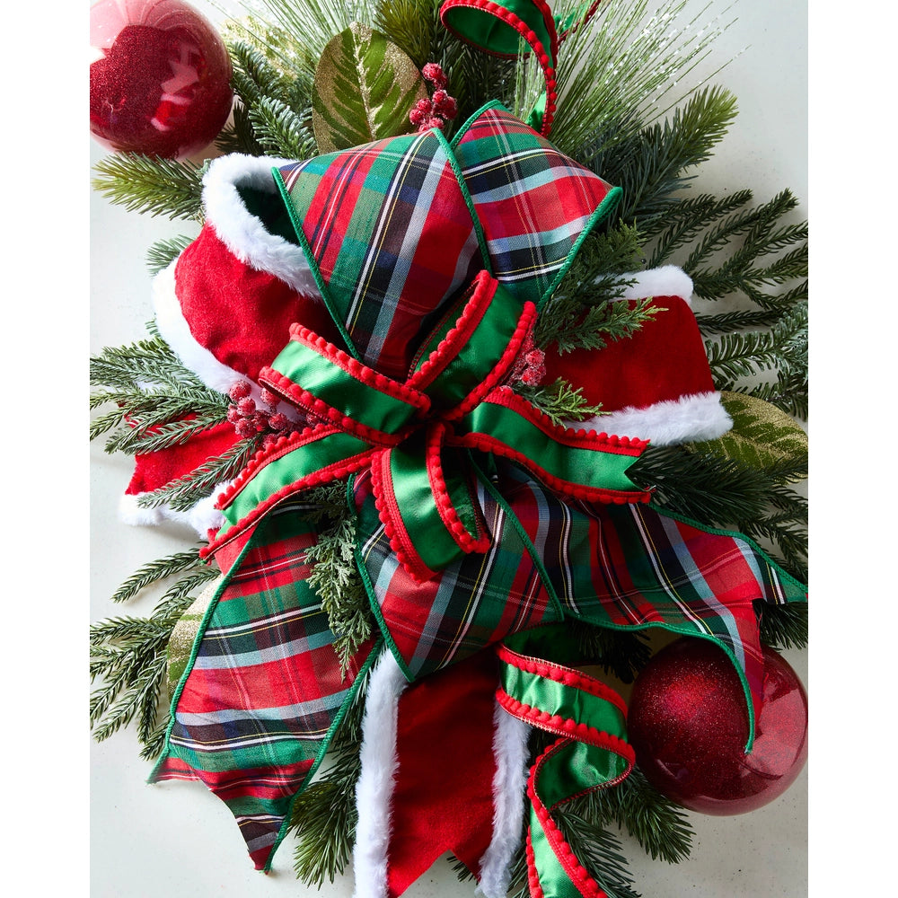 Red Christmas wired ribbon with a soft white faux fur edge, creating a festive Santa-inspired look for wreaths, Christmas trees, bows and holiday decorations