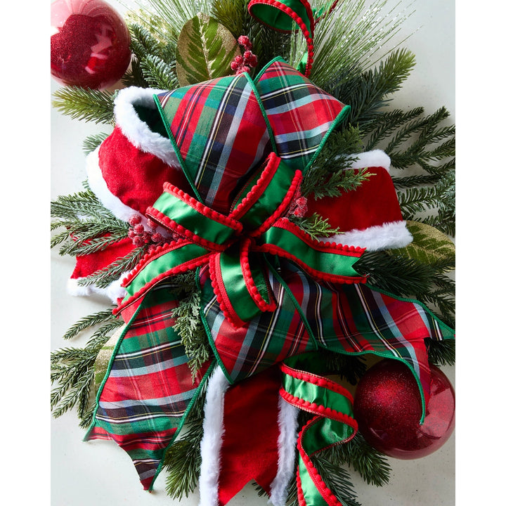 Red Christmas wired ribbon with a soft white faux fur edge, creating a festive Santa-inspired look for wreaths, Christmas trees, bows and holiday decorations