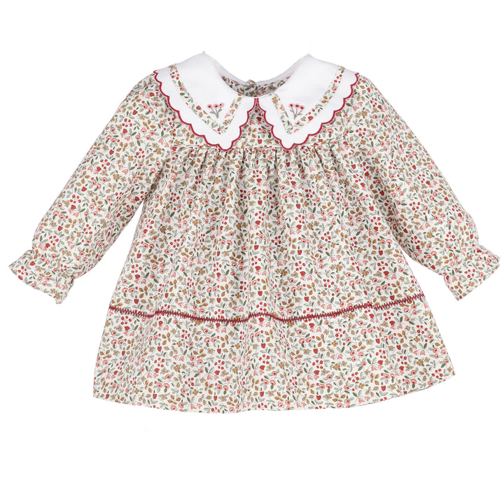 Front view of Red Claret Berries &amp; Blooms baby girl dress with floral berry print, white scalloped embroidered collar, red trim, and ruffled cuffs.