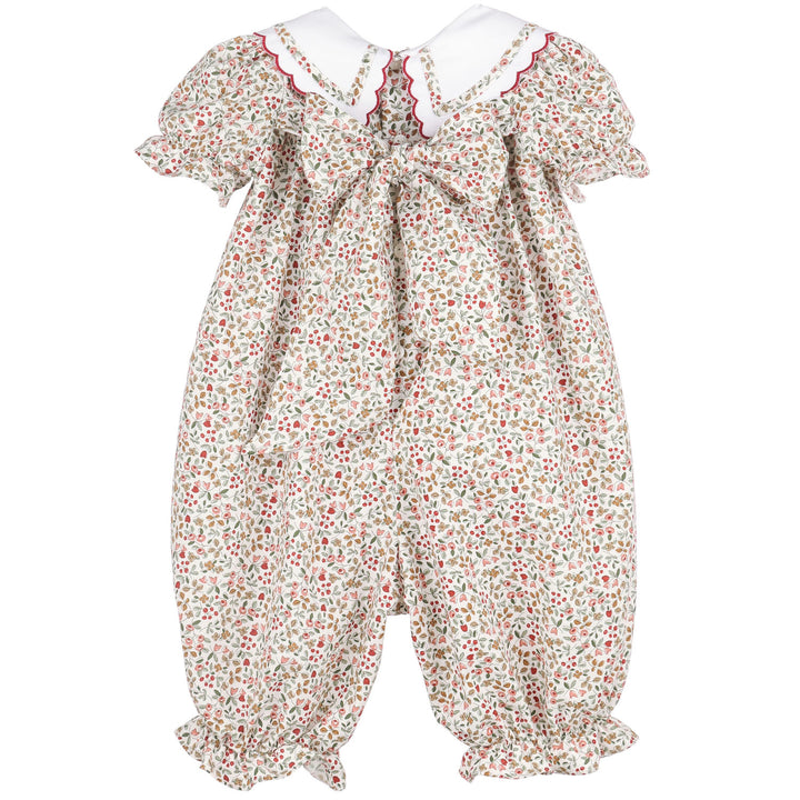 Back view of Red Claret Berries &amp; Blooms baby girl longall featuring a floral berry print, white scalloped collar, ruffled ankles, and large back bow.