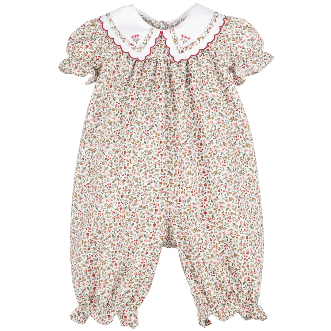 Front view of Red Claret Berries &amp; Blooms baby girl longall with floral berry print, white scalloped embroidered collar, puff sleeves, and ruffled ankles.