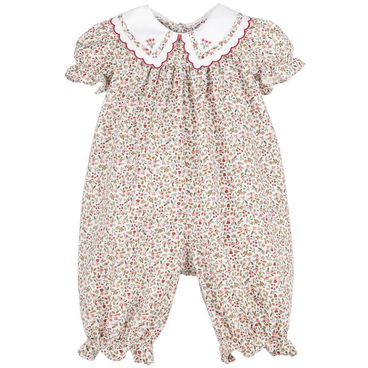 Front view of Red Claret Berries &amp; Blooms baby girl longall with floral berry print, white scalloped embroidered collar, puff sleeves, and ruffled ankles.