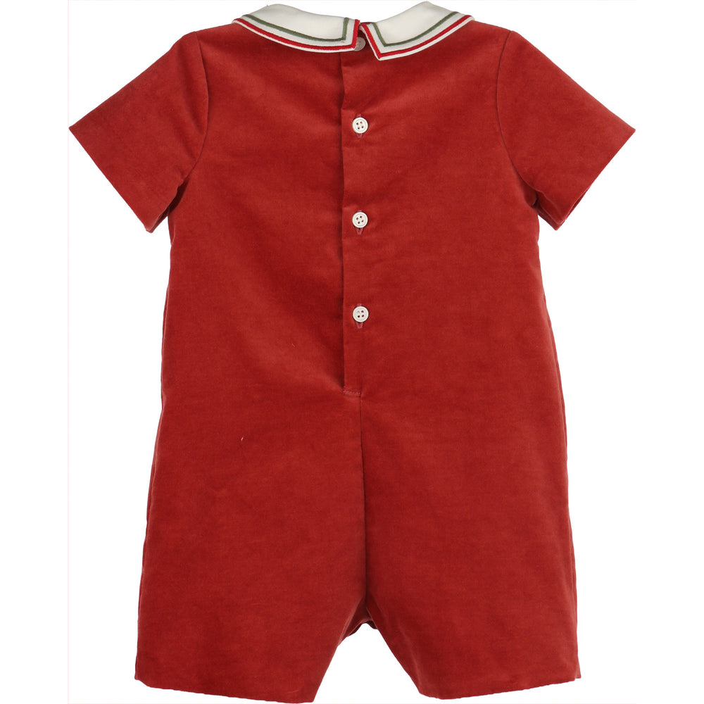 Back view of Red Mistletoe Velvet Romper for baby boys featuring soft red velvet, short sleeves, and button closure