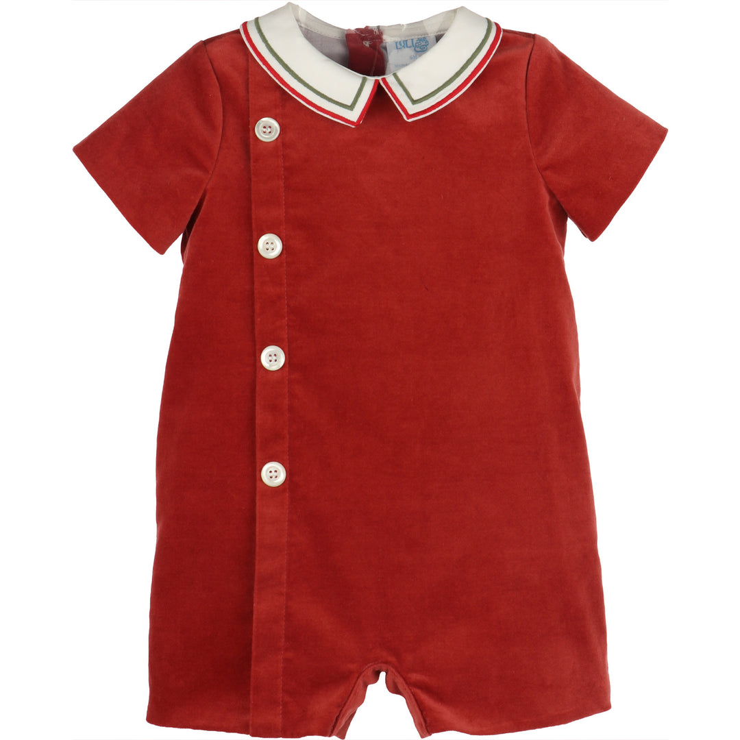 Red Mistletoe Velvet Romper for baby boys with white Peter Pan collar, red and green trim, and decorative button front