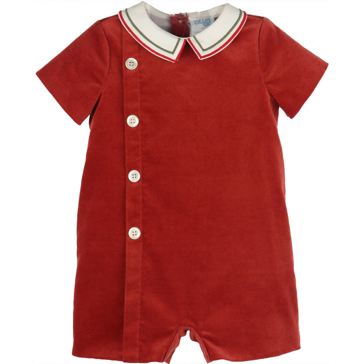 Red Mistletoe Velvet Romper for baby boys with white Peter Pan collar, red and green trim, and decorative button front