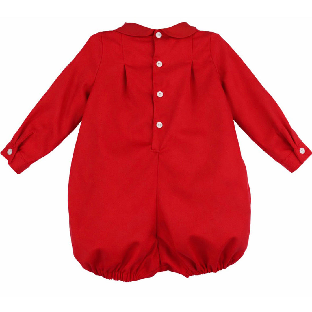 Back view of red smocked Christmas boy bubble with Peter Pan collar, long sleeves, button-back closure, and elastic leg openings.