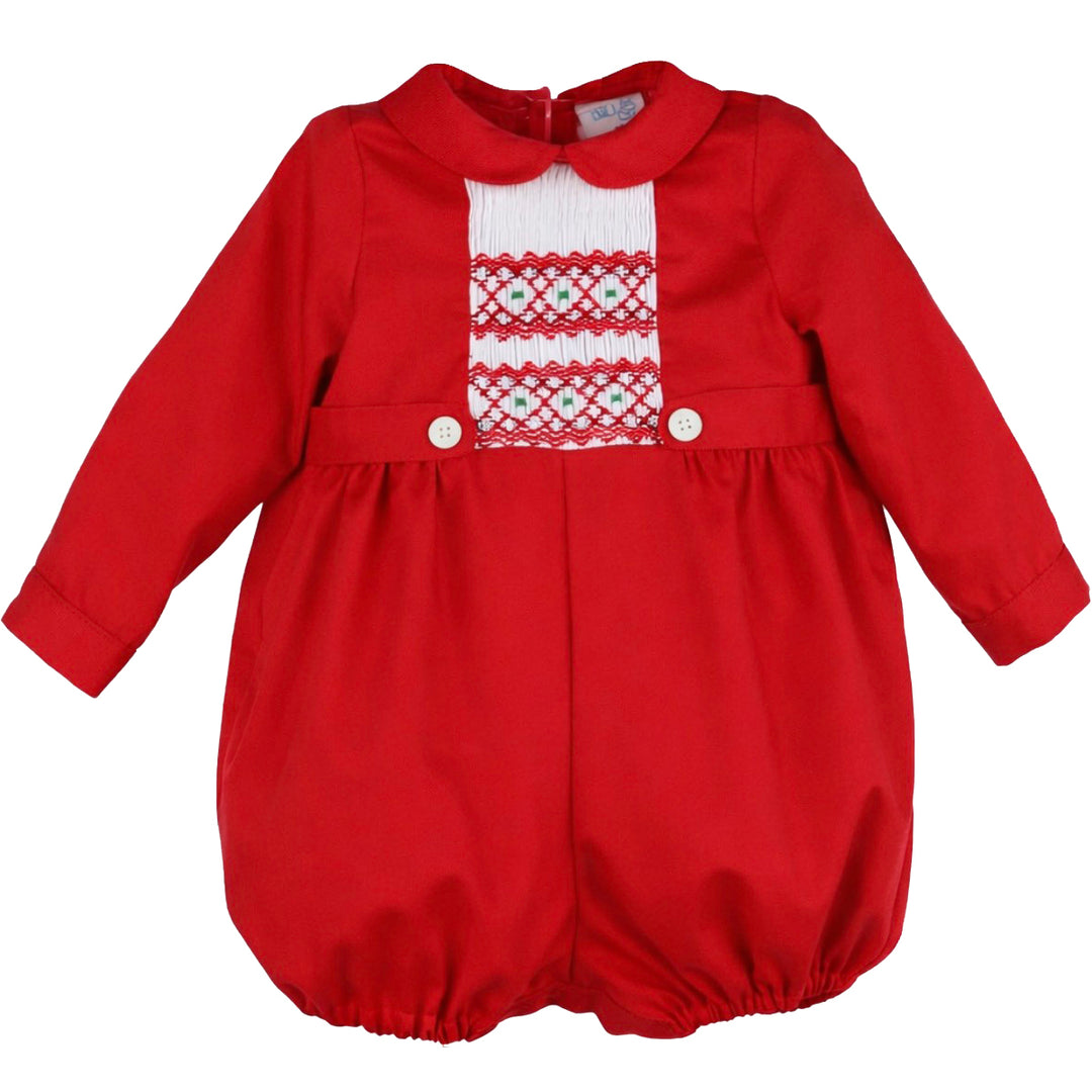 Red smocked Christmas boy bubble with Peter Pan collar, long sleeves, red and green holiday embroidery, and button details.