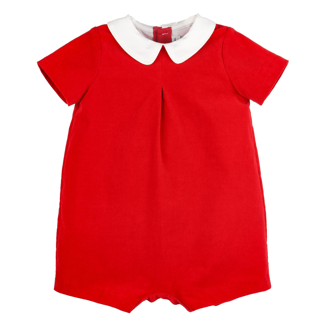 Red velvet Christmas romper with white split collar and short sleeves, a classic holiday outfit for baby boys.