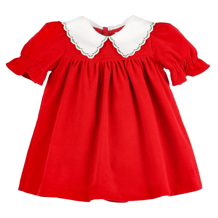 Red Velvet Good Tidings Miller Dress with white scalloped collar and holiday embroidery