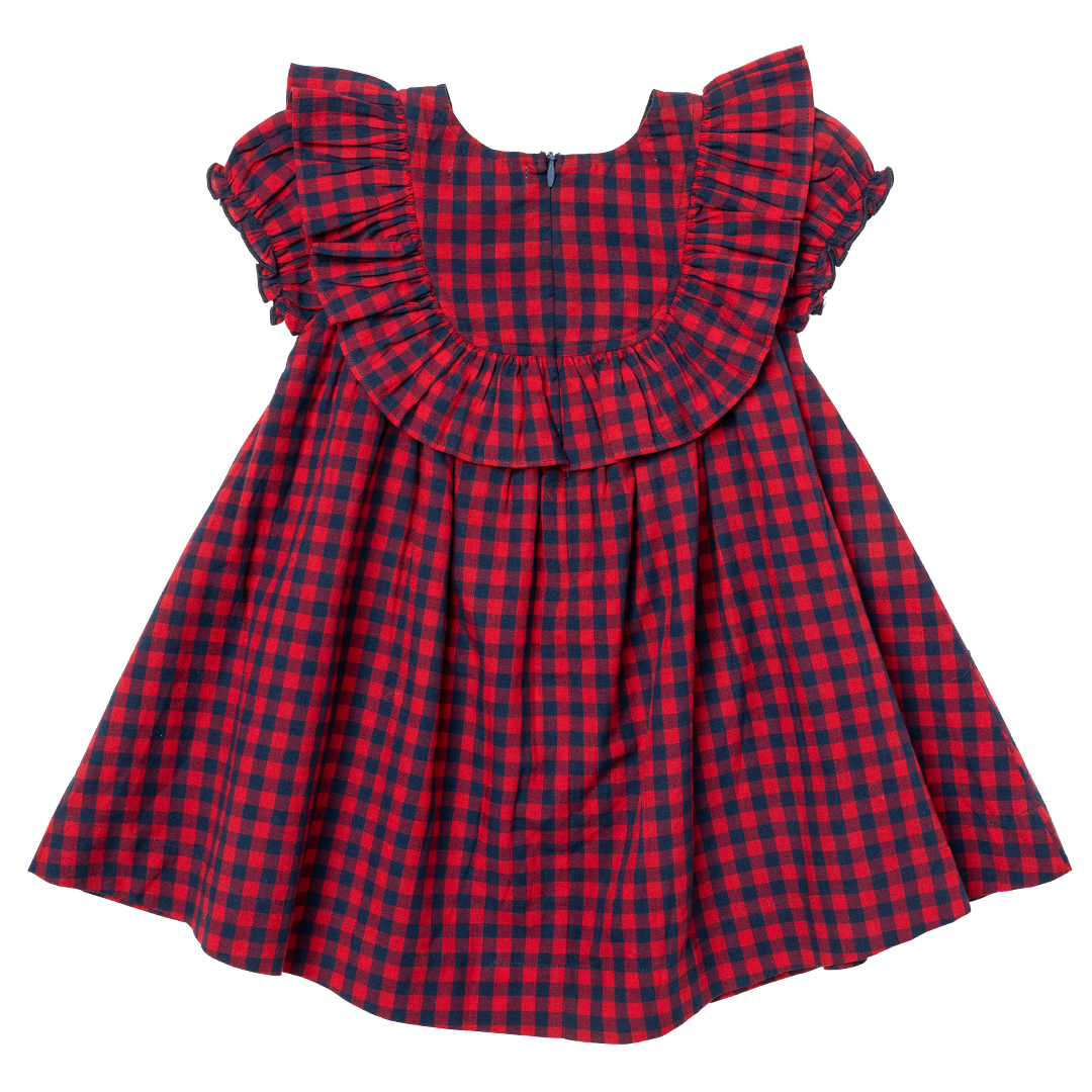 Girls Brayden Ruffle Dress - Navy/Red Gingham