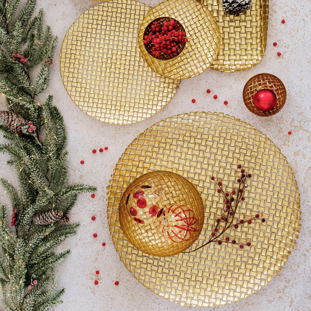 Rufolo Glass Gold Basketweave Large Round Platter