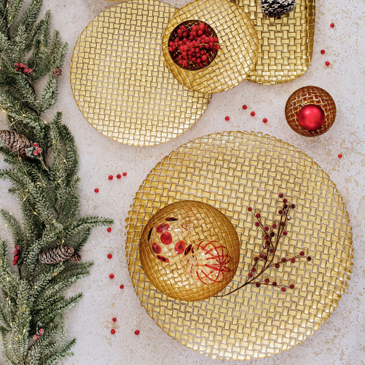 Rufolo Glass Gold Basketweave Large Round Platter
