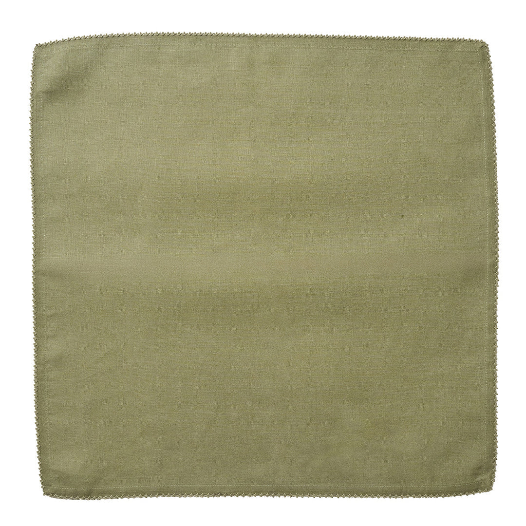 Sage green linen dinner napkin laid flat to show its woven texture and delicate crochet trim around the edges