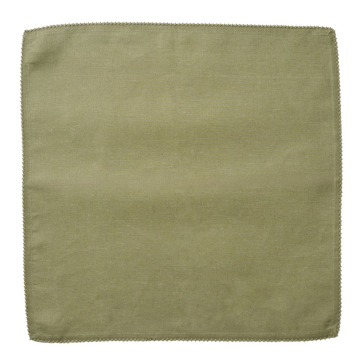 Sage green linen dinner napkin laid flat to show its woven texture and delicate crochet trim around the edges