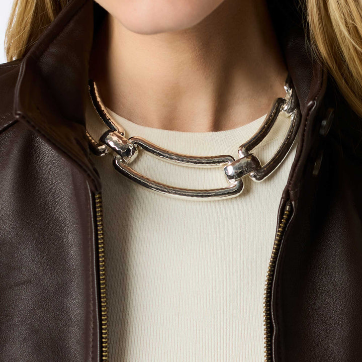 Silver Sahara Collar Necklace styled on model with neutral outfit