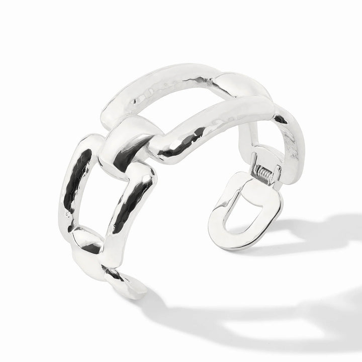 Silver Sahara Cuff Bracelet showing open cuff and textured link detail