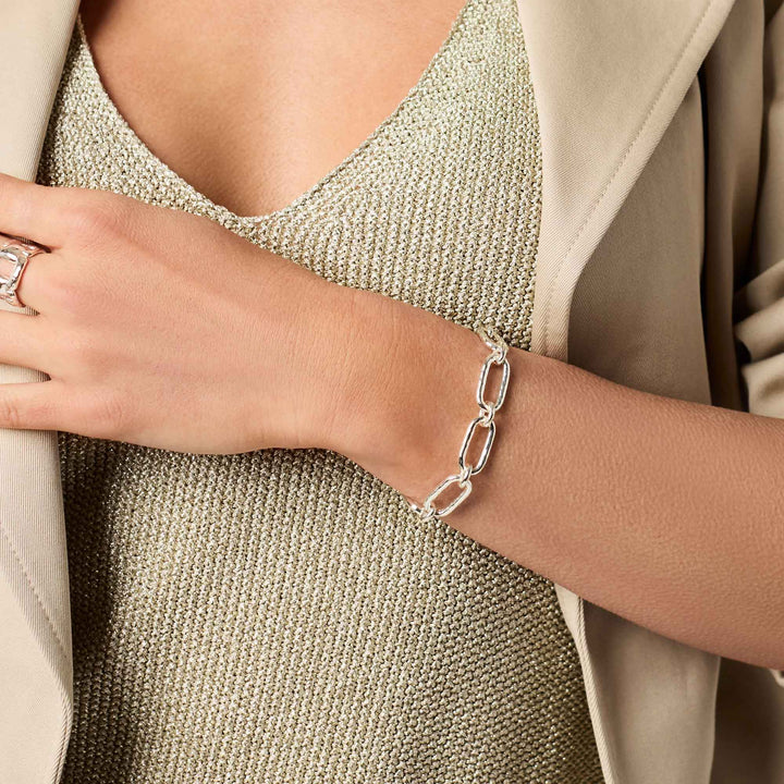 Model wearing the Sahara Demi Link Bracelet in silver