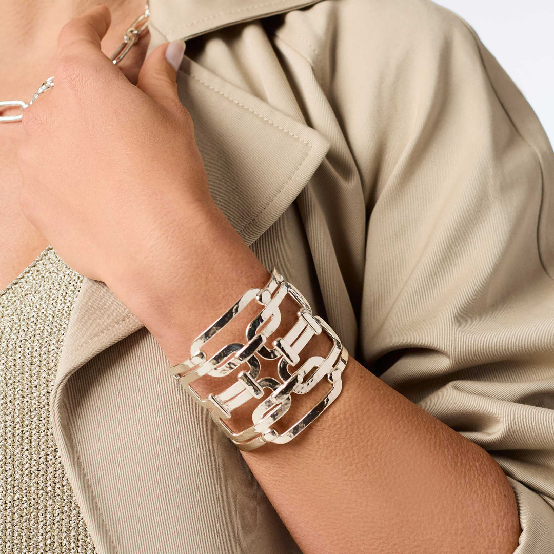 Silver Sahara Statement Cuff styled on wrist